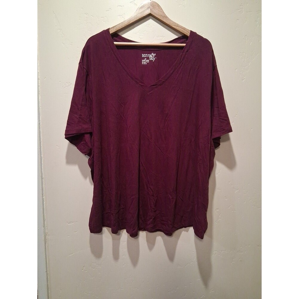 Terra & Sky Womens Plus Size 4X V-Neck Short Sleeve Maroon Tunic Top Shirt Basic